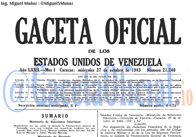Gaceta Oficial 21240 del 27 Octubre 1943