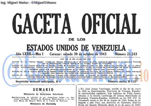 Gaceta Oficial 21243 del 30 Octubre 1943