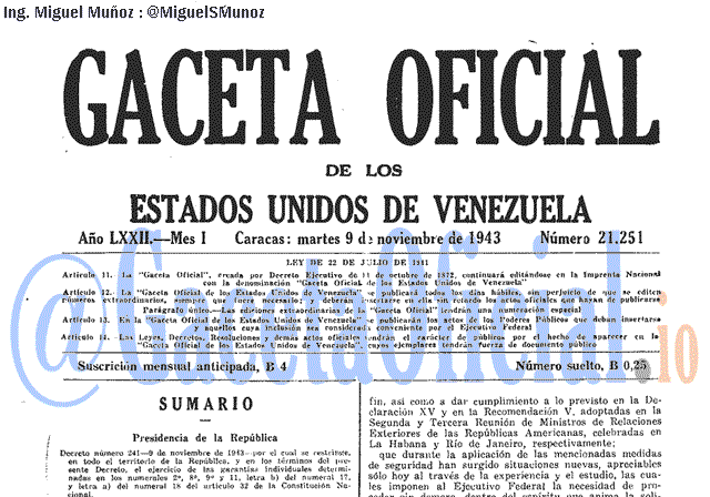 Gaceta Oficial 21251 del 9 Noviembre 1943
