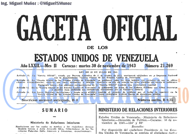 Gaceta Oficial 21269 del 30 Noviembre 1943
