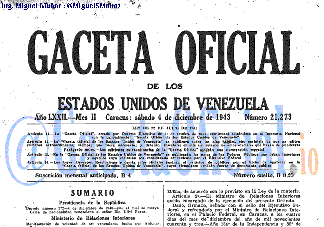 Gaceta Oficial 21273 del 4 Diciembre 1943