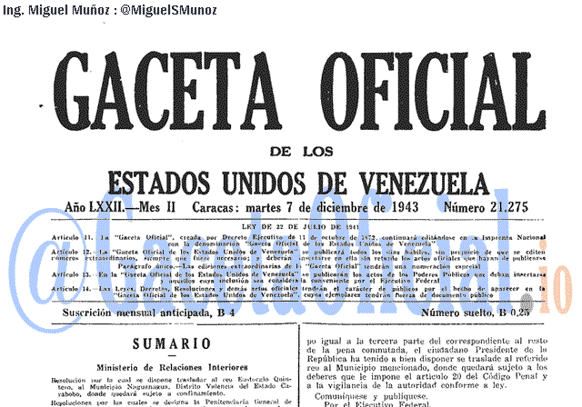 Gaceta Oficial 21275 del 7 Diciembre 1943