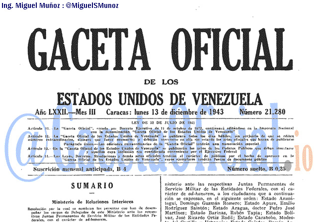 Gaceta Oficial 21280 del 13 Diciembre 1943