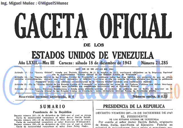 Gaceta Oficial 21285 del 18 Diciembre 1943