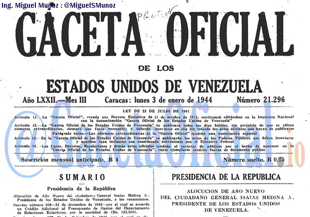 Gaceta Oficial 21296 del 3 Enero 1944