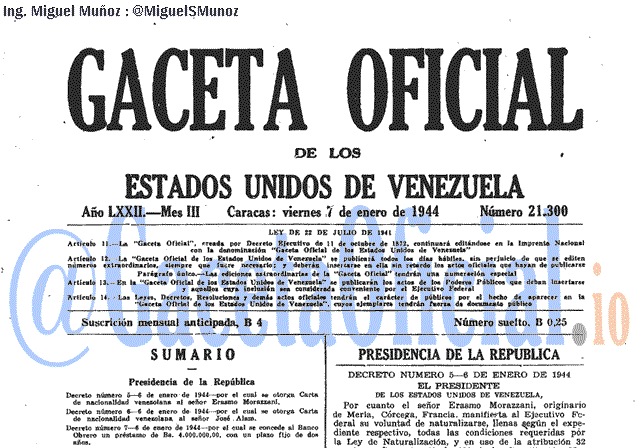 Gaceta Oficial 21300 del 7 Enero 1944