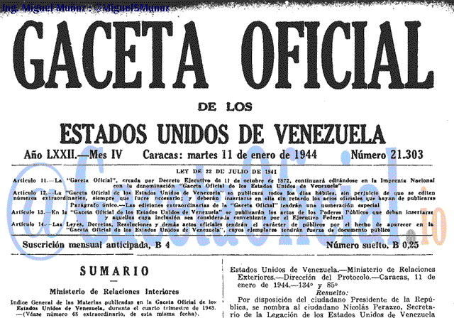 Gaceta Oficial 21303 del 11 Enero 1944