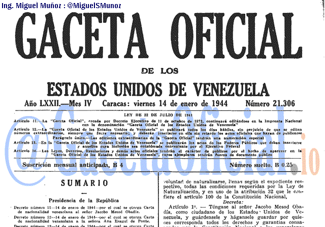 Gaceta Oficial 21306 del 14 Enero 1944