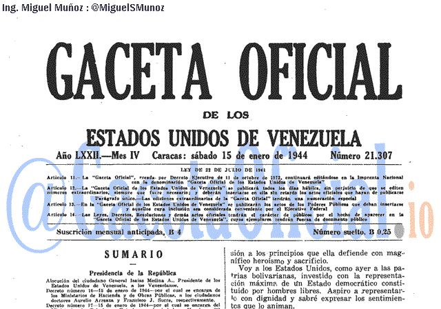 Gaceta Oficial 21307 del 15 Enero 1944