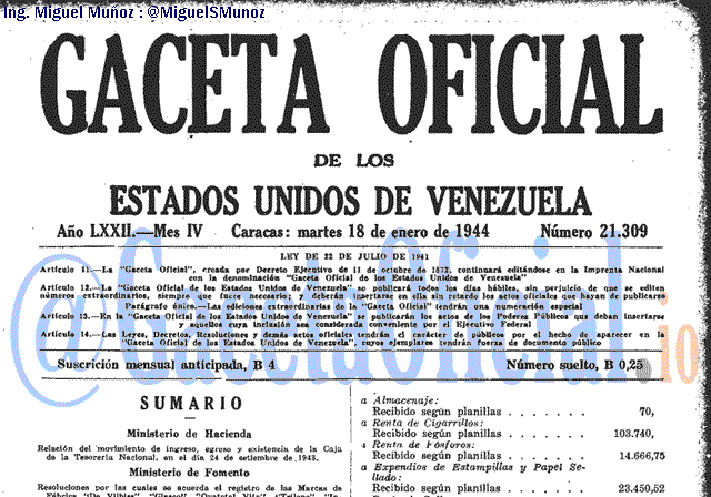 Gaceta Oficial 21309 del 18 Enero 1944