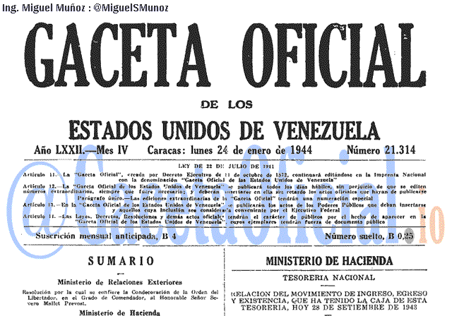 Gaceta Oficial 21314 del 24 Enero 1944