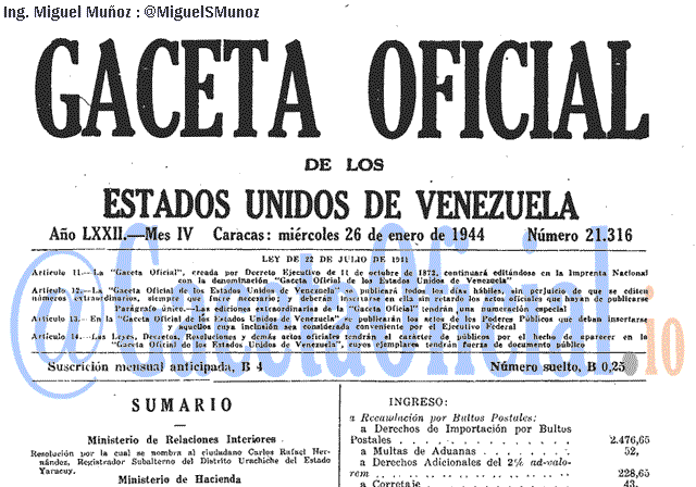 Gaceta Oficial 21316 del 26 Enero 1944