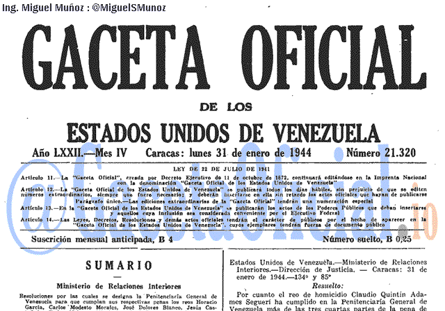 Gaceta Oficial 21320 del 31 Enero 1944