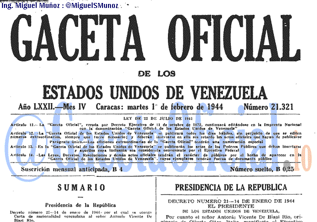 Gaceta Oficial 21321 del 1 Febrero 1944