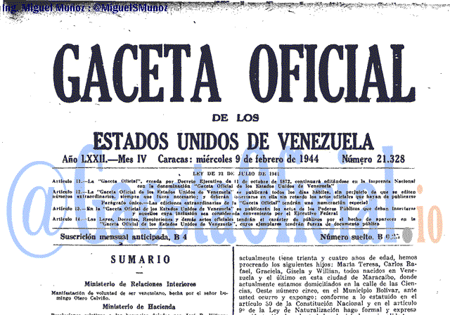Gaceta Oficial 21328 del 9 Febrero 1944