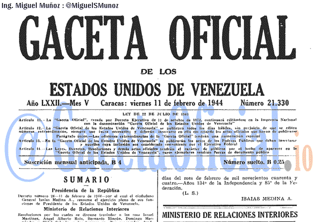 Gaceta Oficial 21330 del 11 Febrero 1944