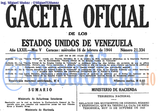 Gaceta Oficial 21334 del 16 Febrero 1944