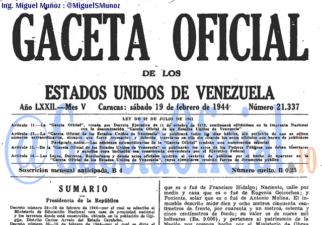 Gaceta Oficial 21337 del 19 Febrero 1944