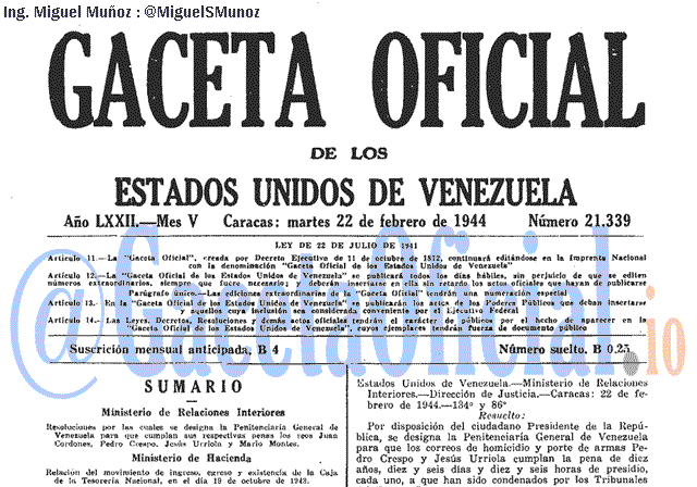 Gaceta Oficial 21339 del 22 Febrero 1944