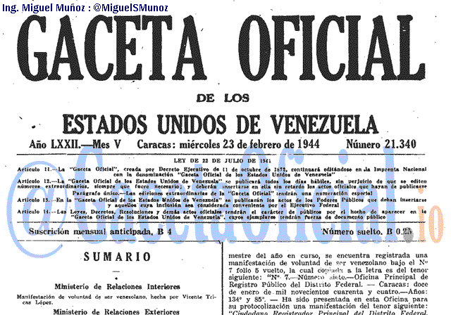 Gaceta Oficial 21340 del 23 Febrero 1944