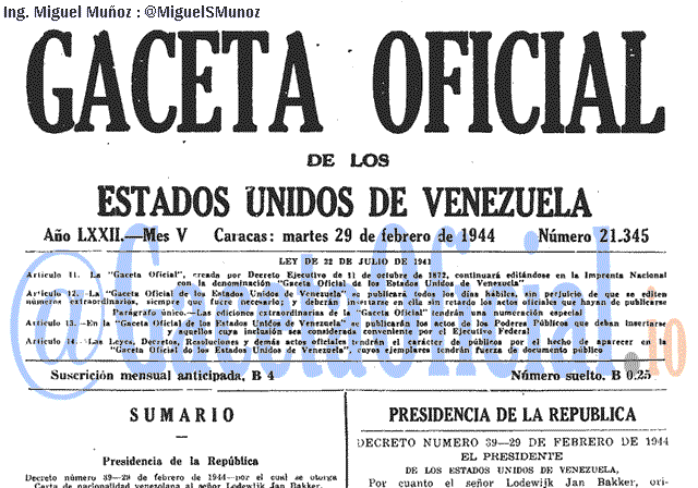 Gaceta Oficial 21345 del 29 Febrero 1944