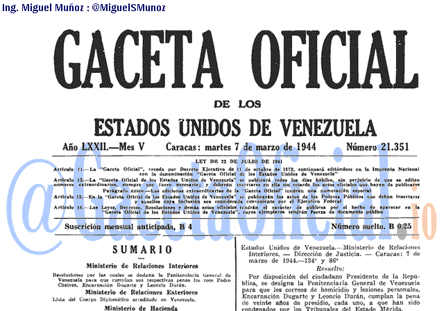Gaceta Oficial 21351 del 7 Marzo 1944