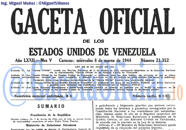 Gaceta Oficial 21352 del 8 Marzo 1944