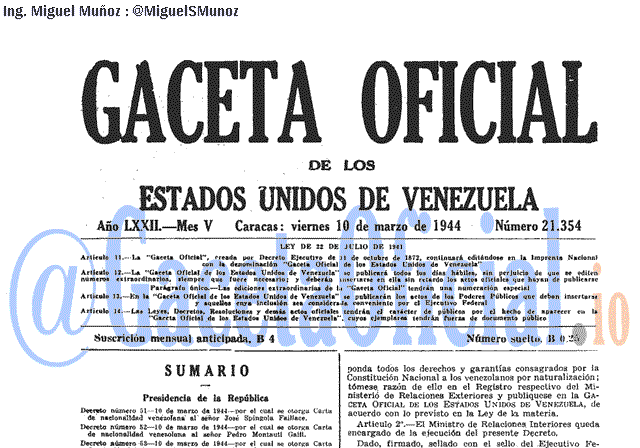 Gaceta Oficial 21354 del 10 Marzo 1944