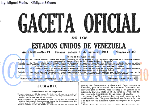 Gaceta Oficial 21355 del 11 Marzo 1944