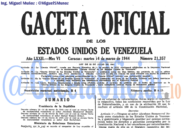 Gaceta Oficial 21357 del 14 Marzo 1944