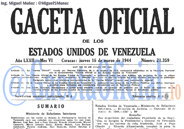 Gaceta Oficial 21359 del 16 Marzo 1944