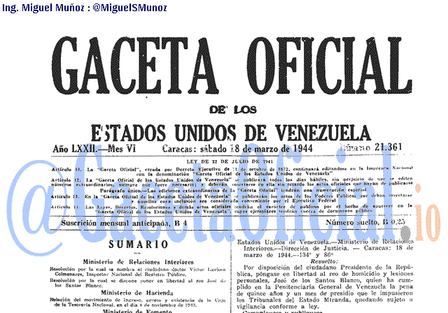 Gaceta Oficial 21361 del 18 Marzo 1944