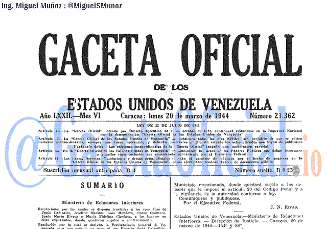 Gaceta Oficial 21362 del 20 Marzo 1944