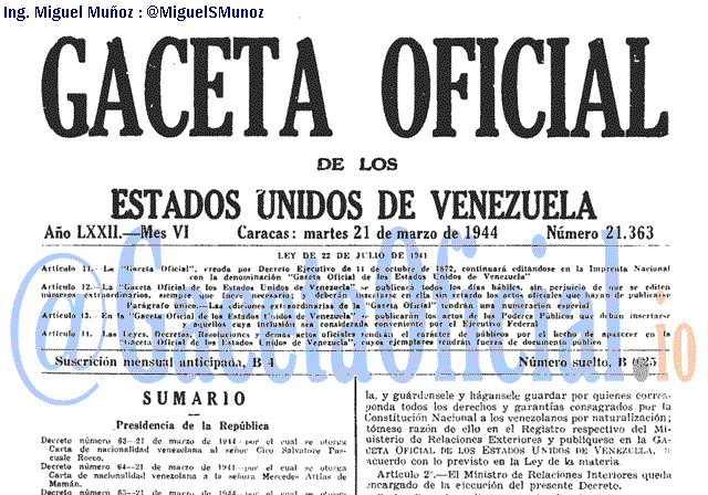 Gaceta Oficial 21363 del 21 Marzo 1944