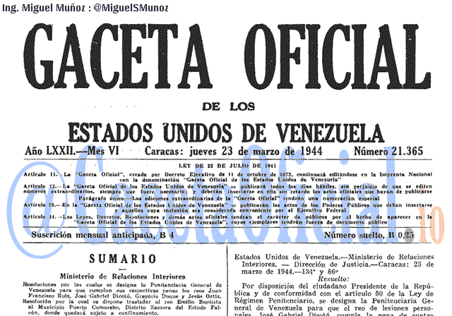 Gaceta Oficial 21365 del 23 Marzo 1944