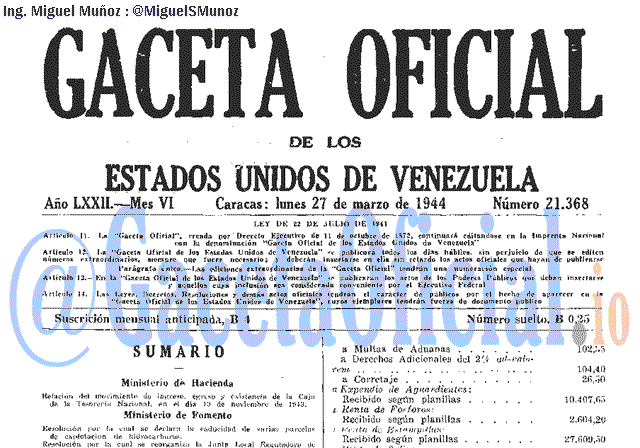 Gaceta Oficial 21368 del 27 Marzo 1944