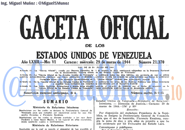 Gaceta Oficial 21370 del 29 Marzo 1944