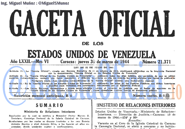 Gaceta Oficial 21371 del 30 Marzo 1944