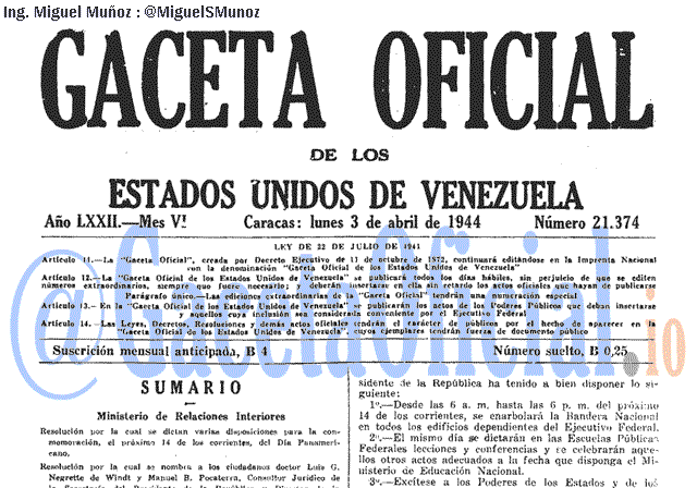 Gaceta Oficial 21374 del 3 Abril 1944