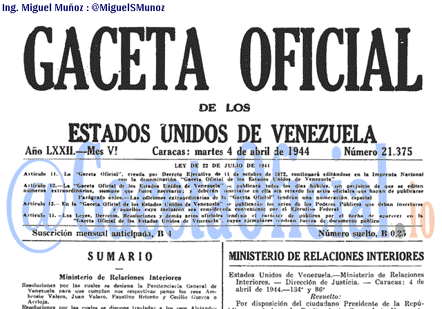 Gaceta Oficial 21375 del 4 Abril 1944