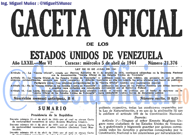 Gaceta Oficial 21376 del 5 Abril 1944