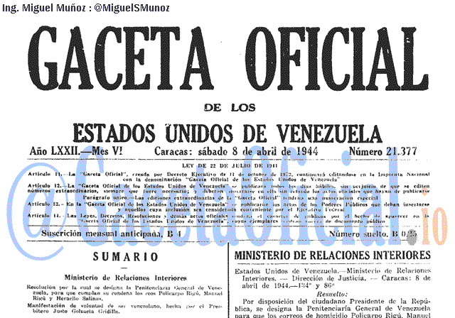 Gaceta Oficial 21377 del 8 Abril 1944