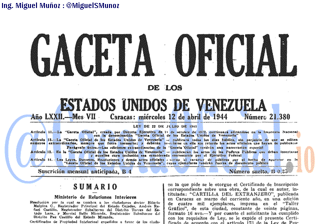 Gaceta Oficial 21380 del 12 Abril 1944