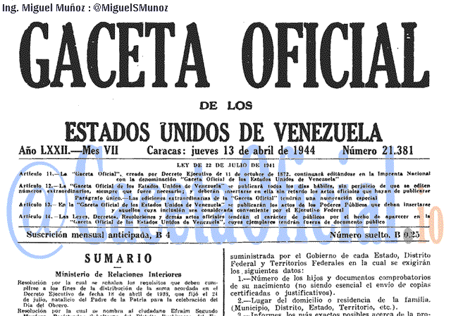 Gaceta Oficial 21381 del 13 Abril 1944