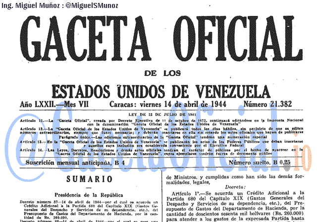 Gaceta Oficial 21382 del 14 Abril 1944