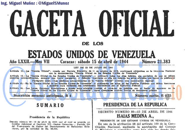 Gaceta Oficial 21383 del 15 Abril 1944