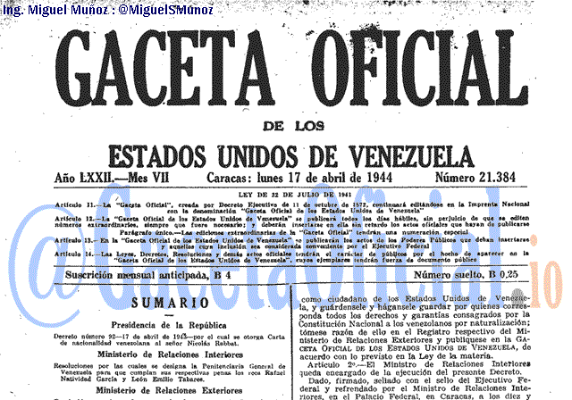 Gaceta Oficial 21384 del 17 Abril 1944