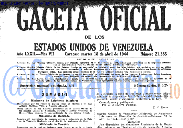 Gaceta Oficial 21385 del 18 Abril 1944