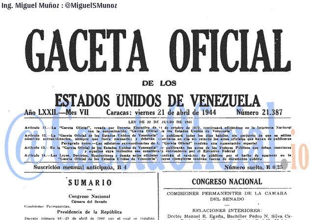 Gaceta Oficial 21387 del 21 Abril 1944