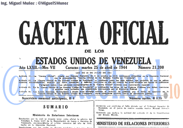 Gaceta Oficial 21390 del 25 Abril 1944